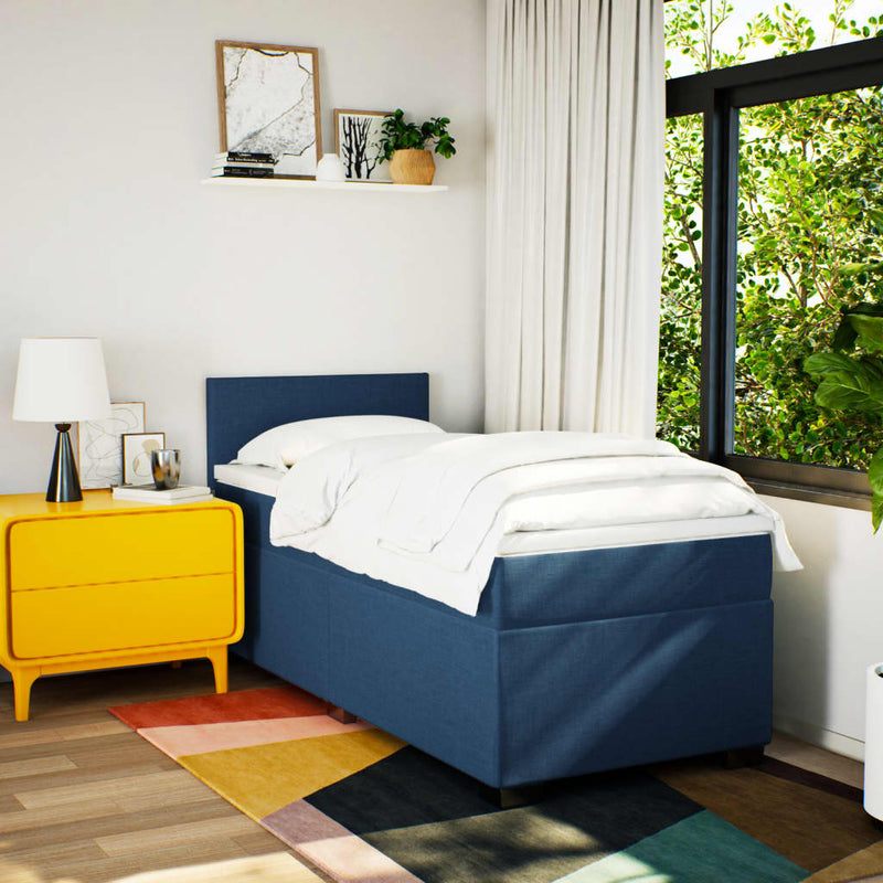 Pat box spring cu saltea, albastru, 90x190 cm, textil