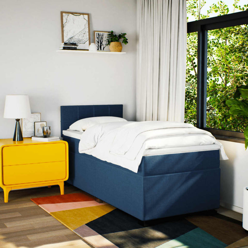 Pat box spring cu saltea, albastru, 100x200 cm, textil