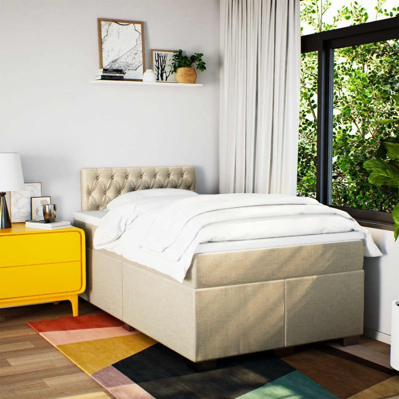 Pat box spring cu saltea, crem, 120x200 cm, textil