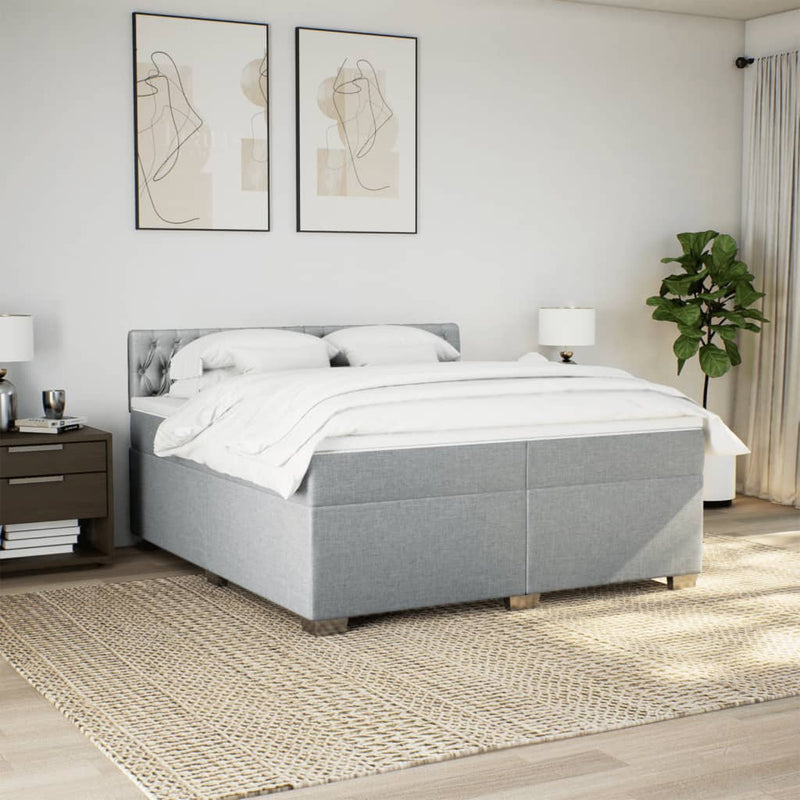 Pat box spring cu saltea, gri deschis, 200x200 cm, textil