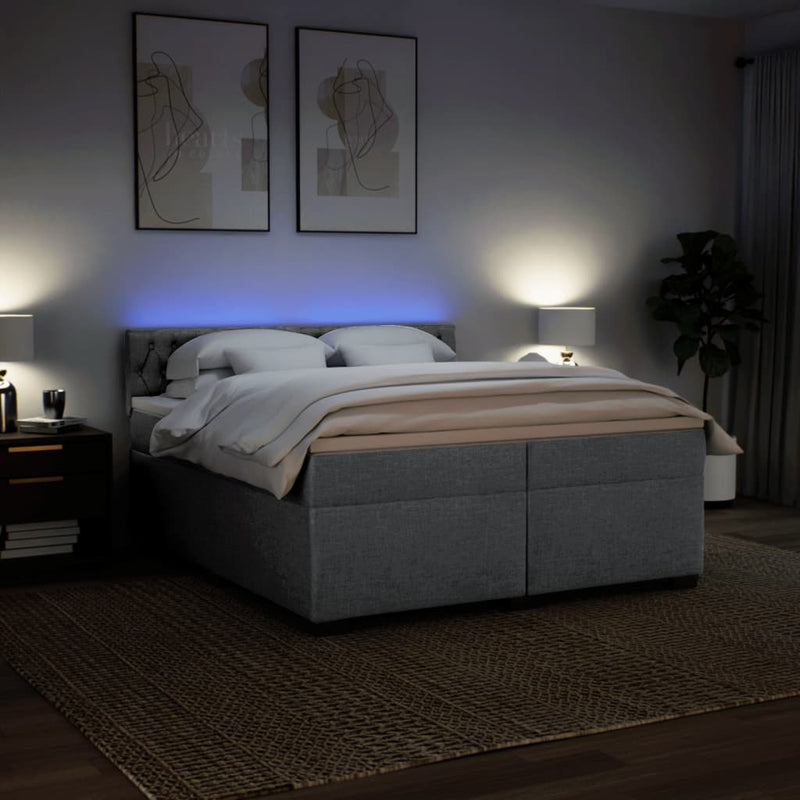 Pat box spring cu saltea, gri deschis, 200x200 cm, textil