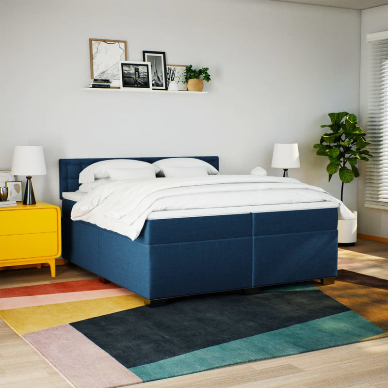 Pat box spring cu saltea, albastru, 200x200 cm, textil