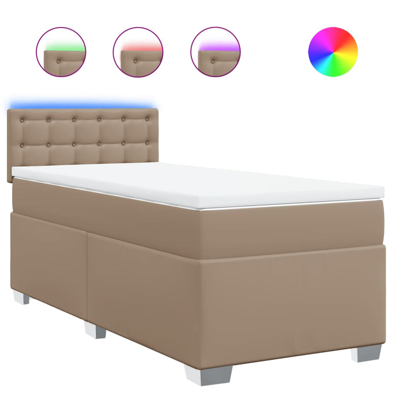 Pat box spring cu saltea, cappuccino, 90x190 cm piele ecologică