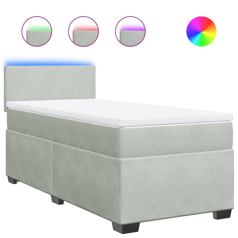 Pat box spring cu saltea, gri deschis, 90x190 cm, catifea