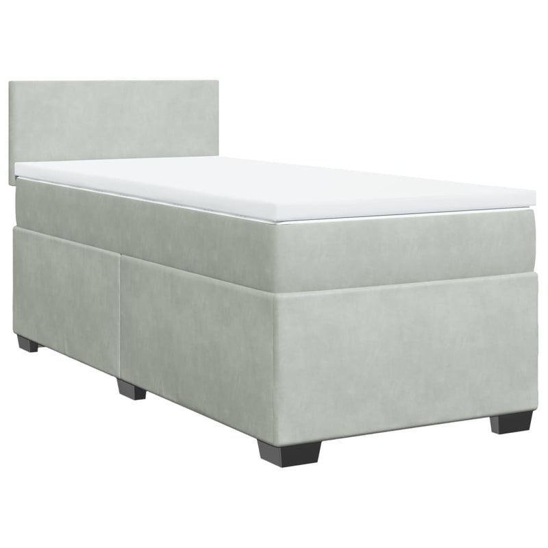Pat box spring cu saltea, gri deschis, 90x190 cm, catifea
