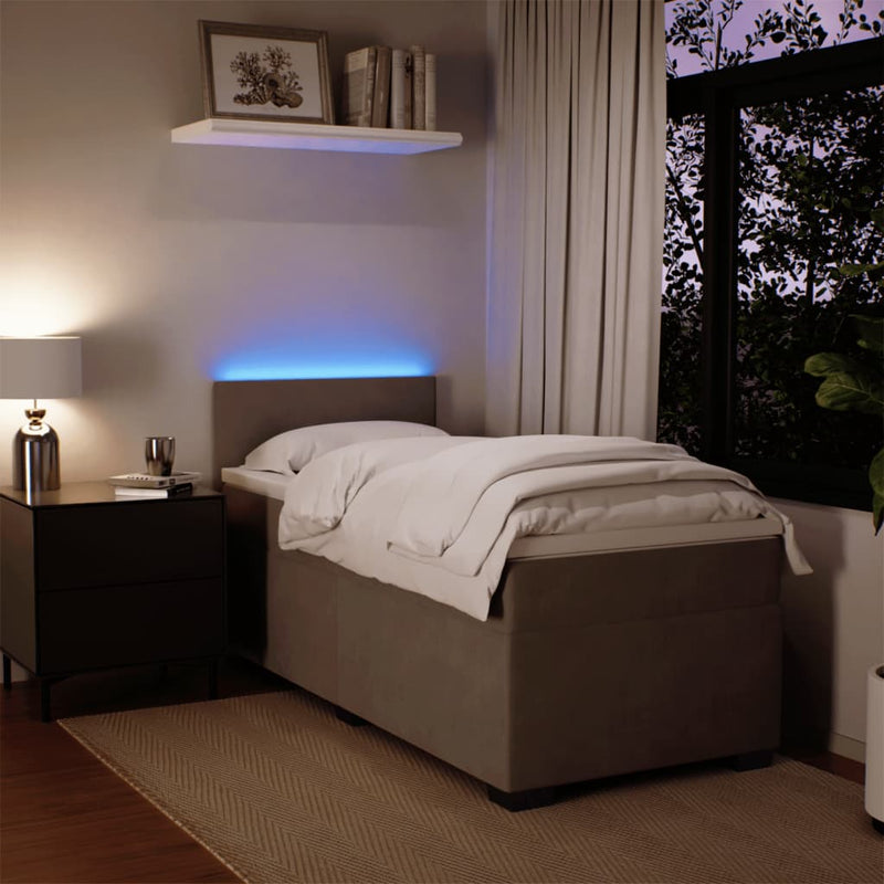Pat box spring cu saltea, gri deschis, 90x190 cm, catifea