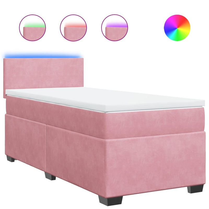 Pat box spring cu saltea, roz, 90x190 cm, catifea