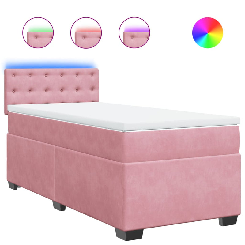Pat box spring cu saltea, roz, 90x190 cm, catifea