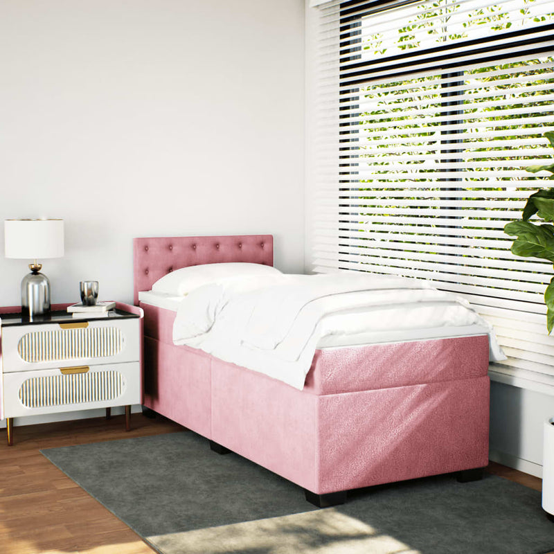 Pat box spring cu saltea, roz, 90x190 cm, catifea