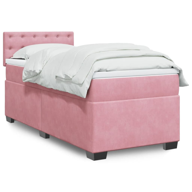 Pat box spring cu saltea, roz, 90x190 cm, catifea
