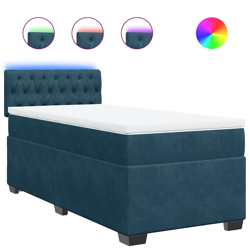 Pat box spring cu saltea, albastru, 90x190 cm, catifea