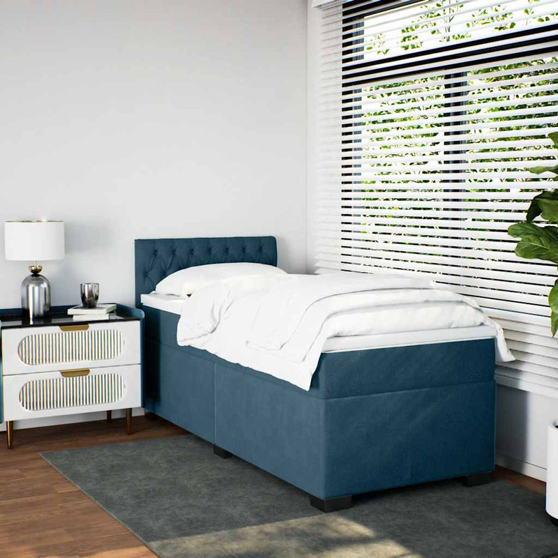 Pat box spring cu saltea, albastru, 90x190 cm, catifea