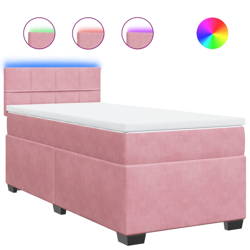 Pat box spring cu saltea, roz, 90x190 cm, catifea