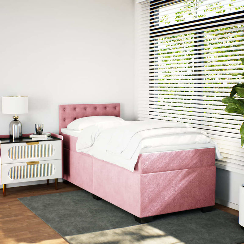 Pat box spring cu saltea, roz, 90x200 cm, catifea