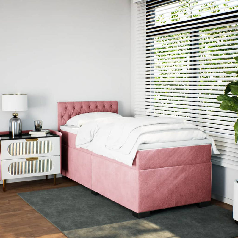 Pat box spring cu saltea, roz, 90x200 cm, catifea