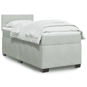 Pat box spring cu saltea, gri deschis, 90x200 cm, catifea