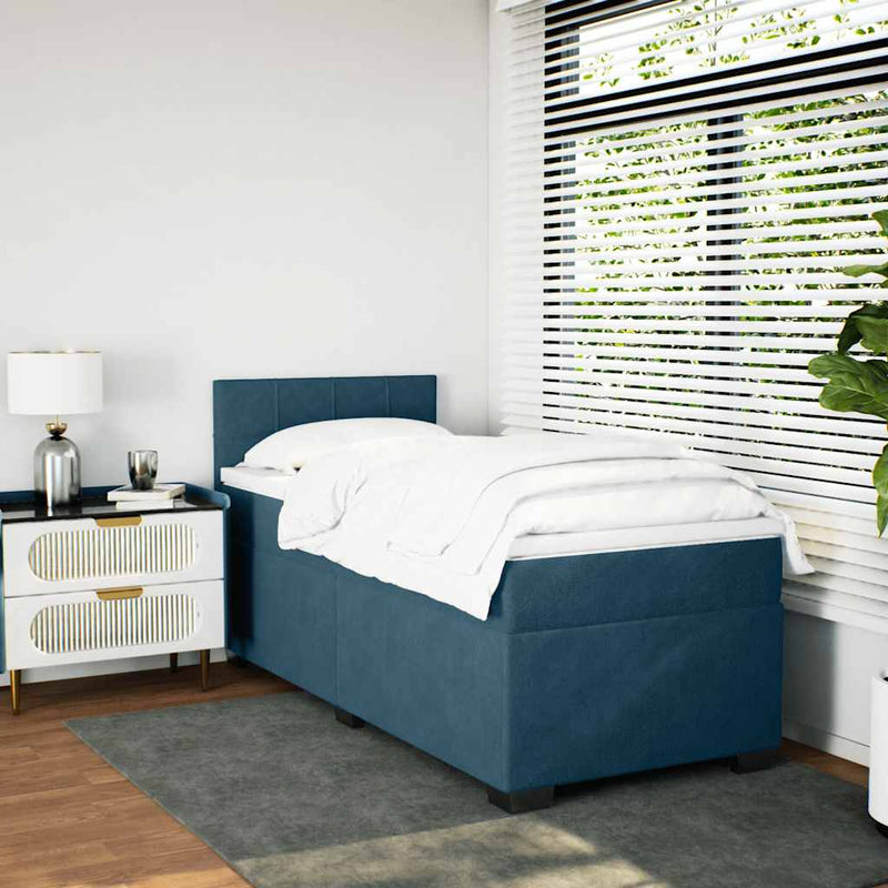Pat box spring cu saltea, albastru, 100x200 cm, catifea