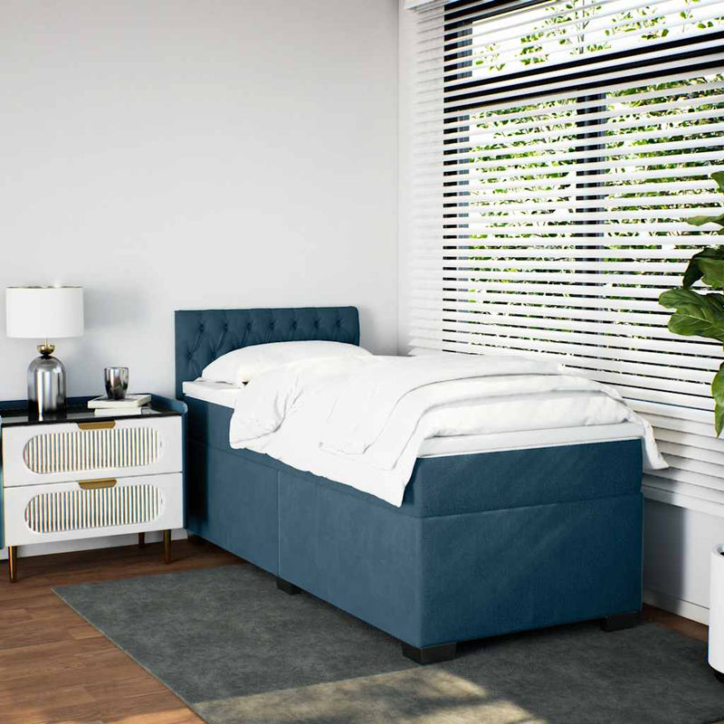 Pat box spring cu saltea, albastru, 100x200 cm, catifea