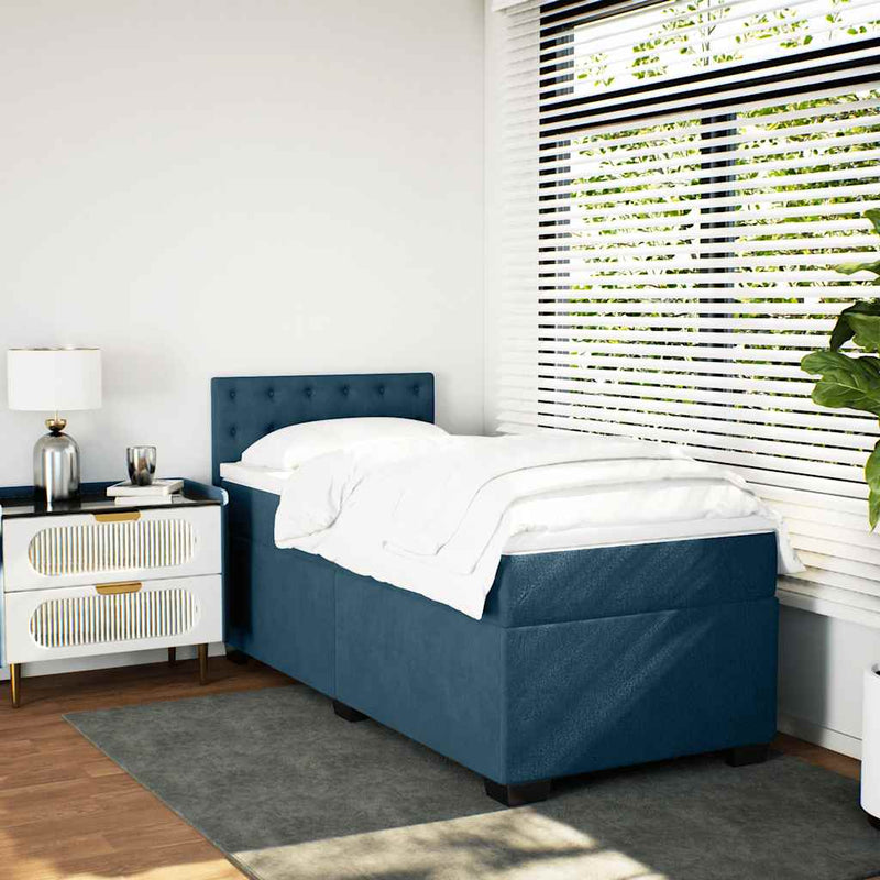 Pat box spring cu saltea, albastru, 100x200 cm, catifea
