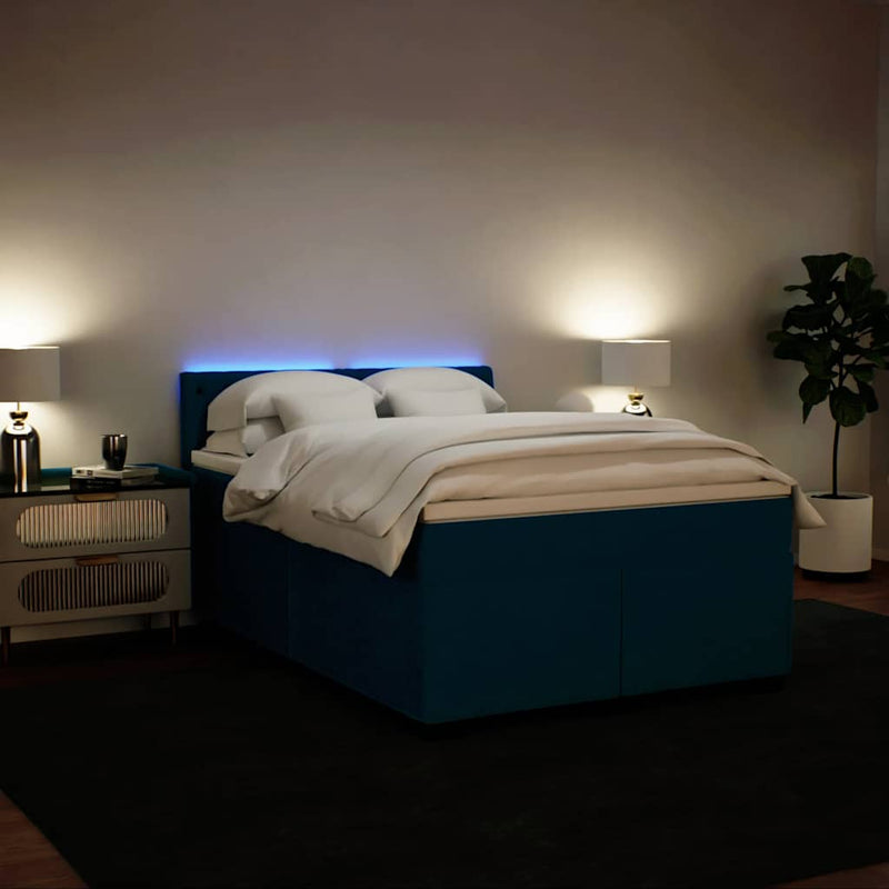 Pat box spring cu saltea, albastru, 140x190 cm, catifea
