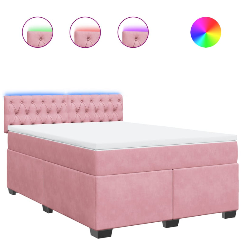 Pat box spring cu saltea, roz, 140x190 cm, catifea