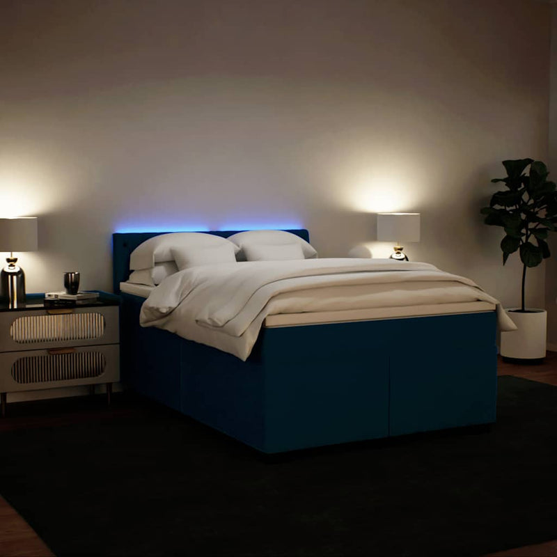 Pat box spring cu saltea, albastru, 140x200 cm, catifea
