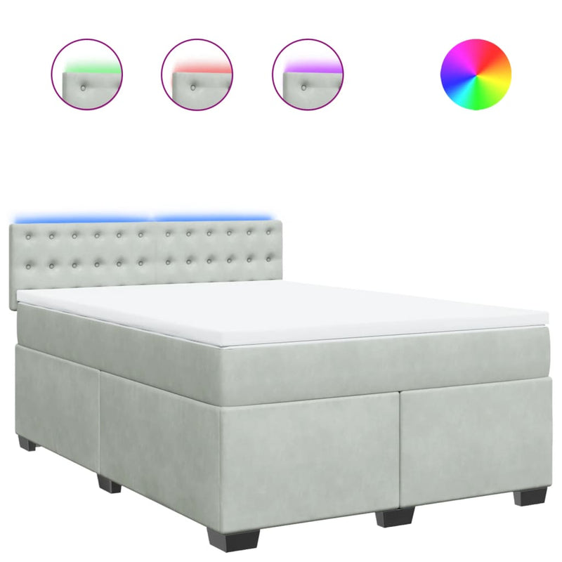 Pat box spring cu saltea, gri deschis, 140x200 cm, catifea