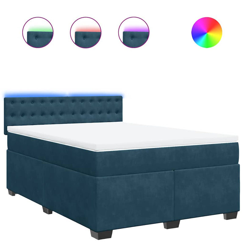 Pat box spring cu saltea, albastru, 140x200 cm, catifea