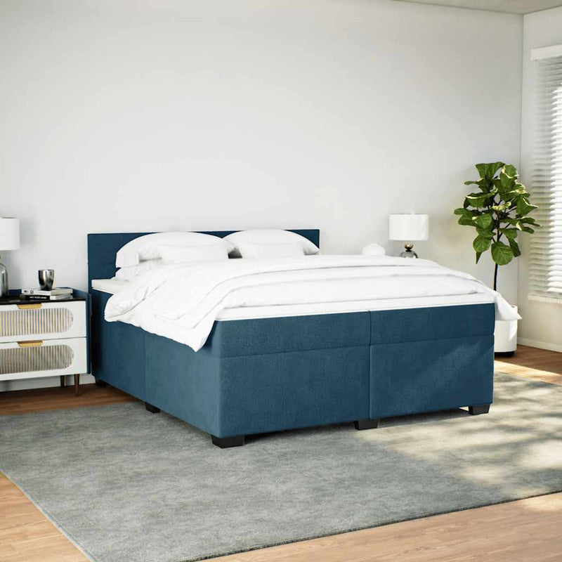 Pat box spring cu saltea, albastru, 200x200 cm, catifea