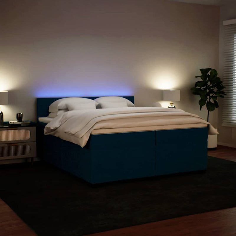 Pat box spring cu saltea, albastru, 200x200 cm, catifea