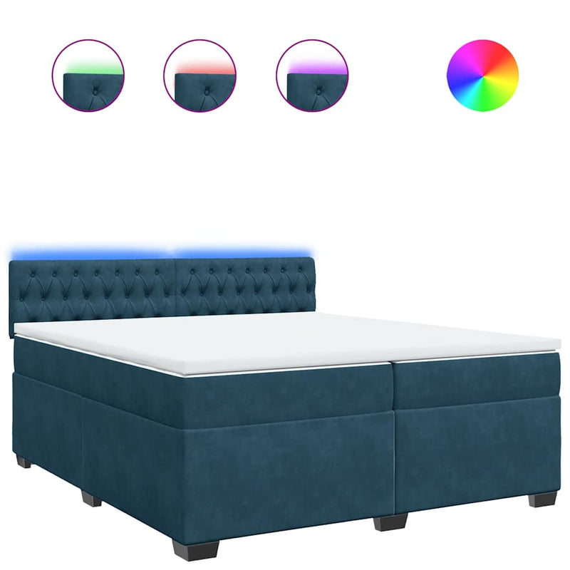 Pat box spring cu saltea, albastru, 200x200 cm, catifea