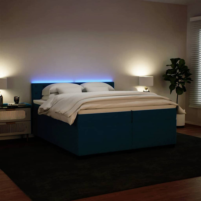 Pat box spring cu saltea, albastru, 200x200 cm, catifea