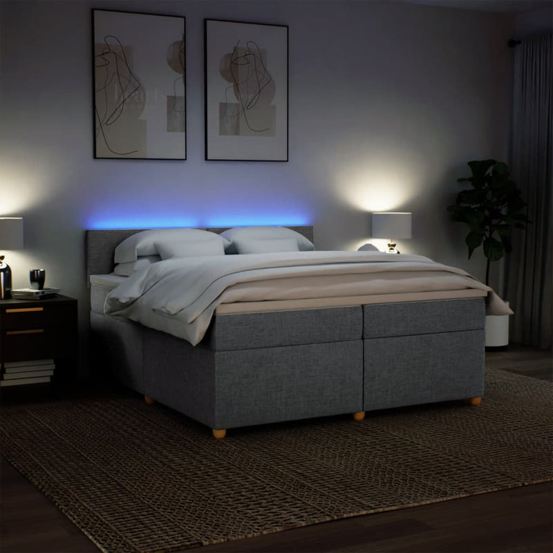 Pat box spring cu saltea, gri deschis, 200x200 cm, textil