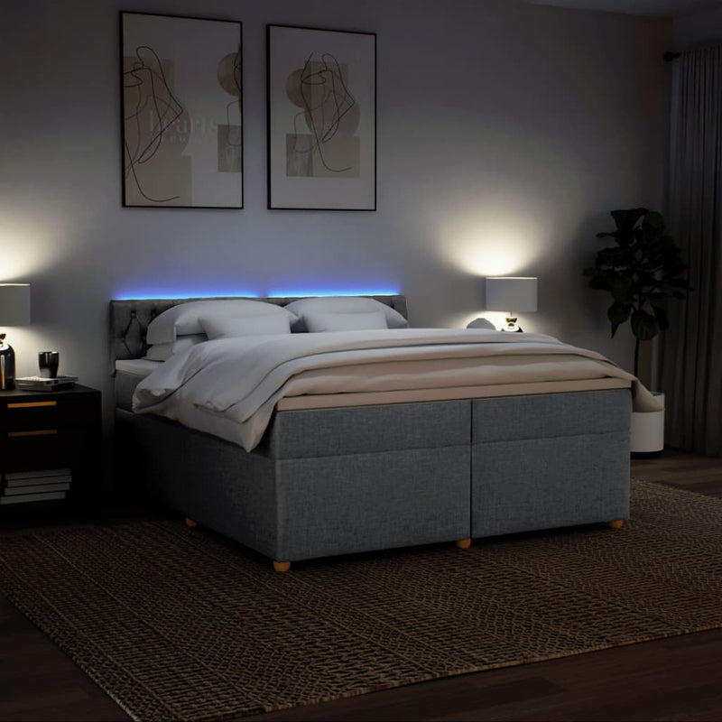 Pat box spring cu saltea, gri deschis, 200x200 cm, textil