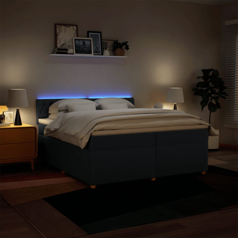 Pat box spring cu saltea, albastru, 200x200 cm, textil