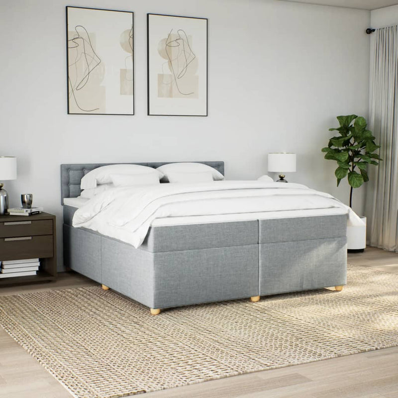 Pat box spring cu saltea, gri deschis, 200x200 cm, textil