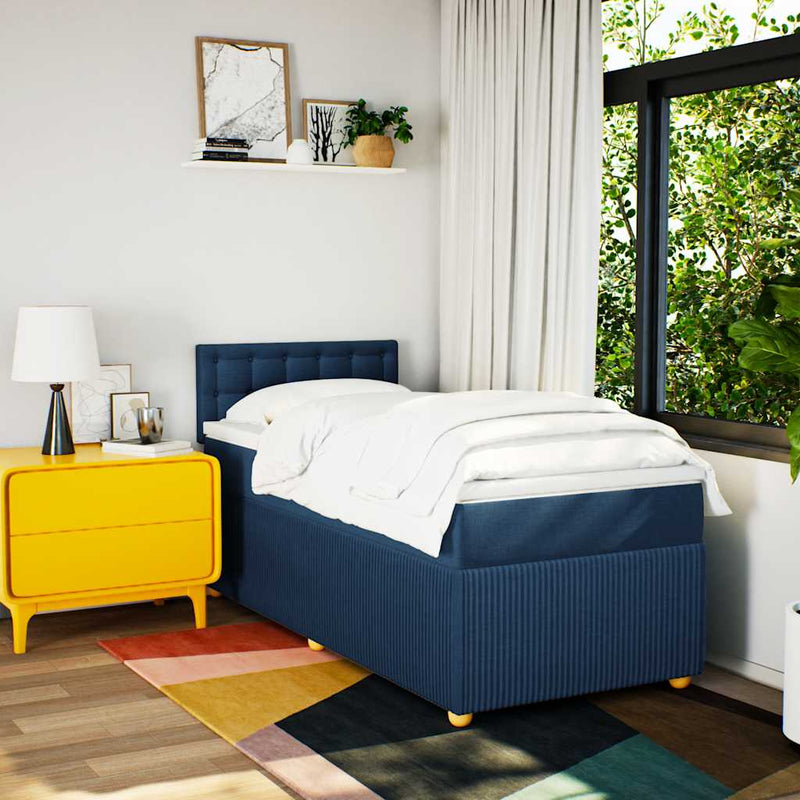 Pat box spring cu saltea, albastru, 90x200 cm, textil