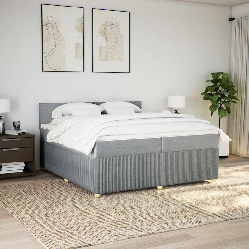 Pat box spring cu saltea, gri deschis, 200x200 cm, textil