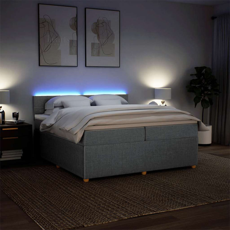 Pat box spring cu saltea, gri deschis, 200x200 cm, textil