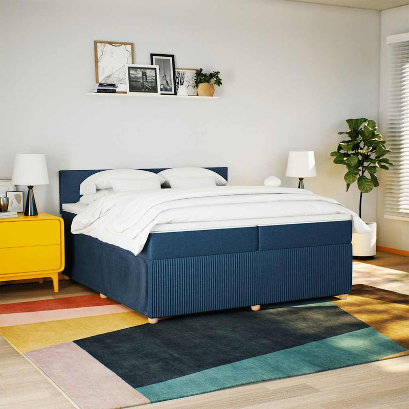 Pat box spring cu saltea, albastru, 200x200 cm, textil