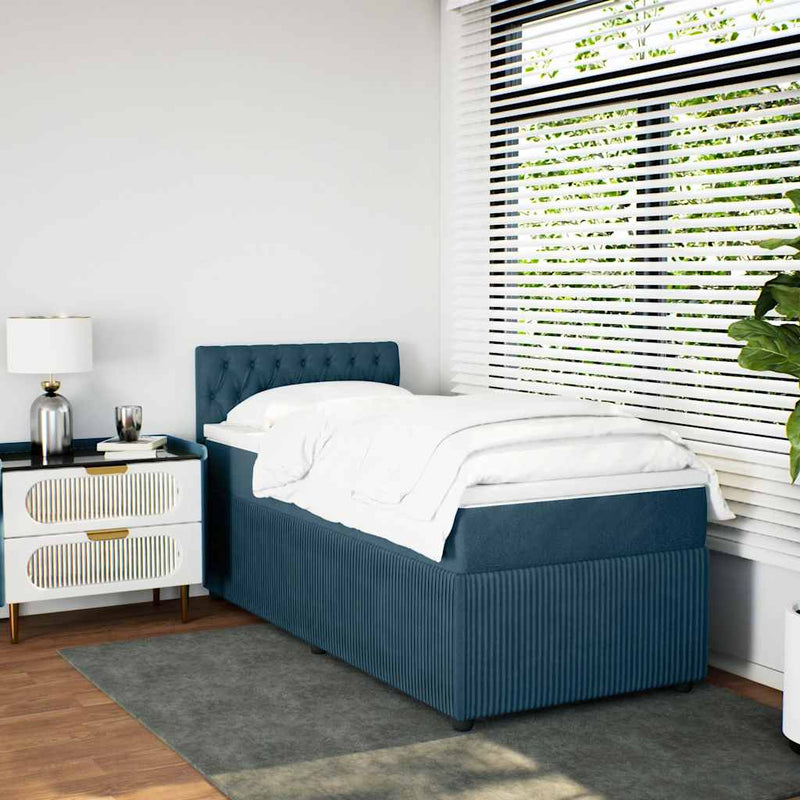 Pat box spring cu saltea, albastru, 90x190 cm, catifea