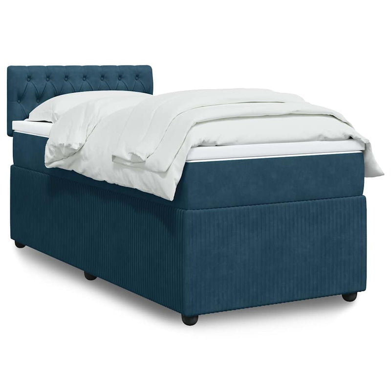 Pat box spring cu saltea, albastru, 90x190 cm, catifea