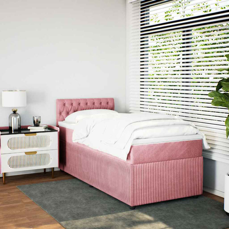 Pat box spring cu saltea, roz, 90x190 cm, catifea