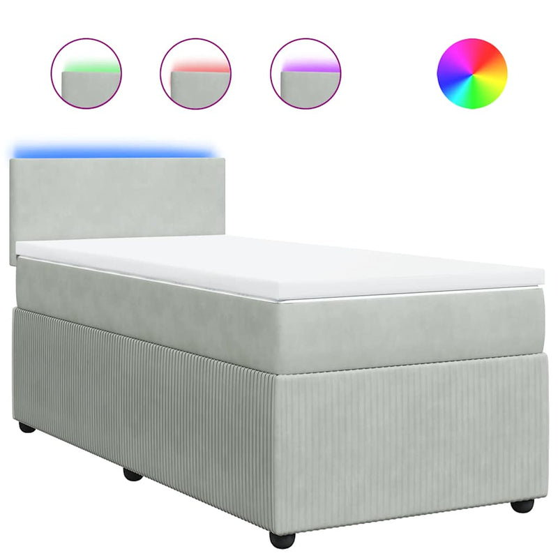 Pat box spring cu saltea, gri deschis, 90x200 cm, catifea