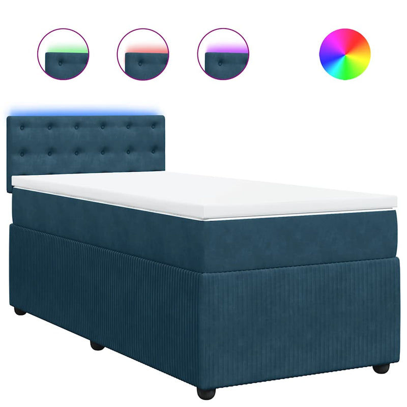 Pat box spring cu saltea, albastru, 90x200 cm, catifea