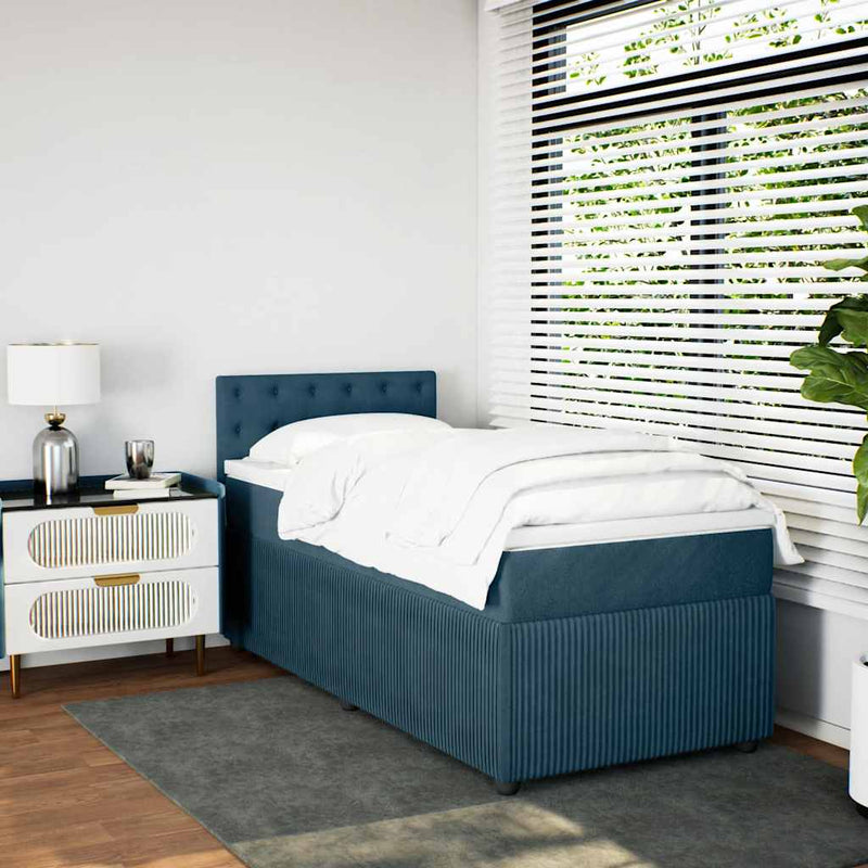 Pat box spring cu saltea, albastru, 90x200 cm, catifea