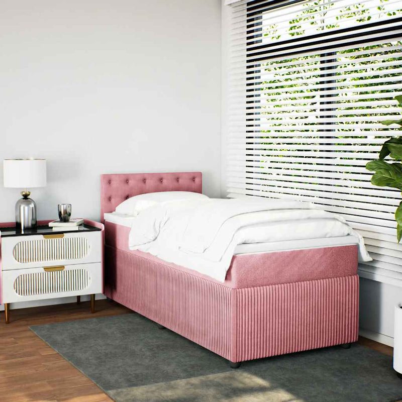 Pat box spring cu saltea, roz, 90x200 cm, catifea