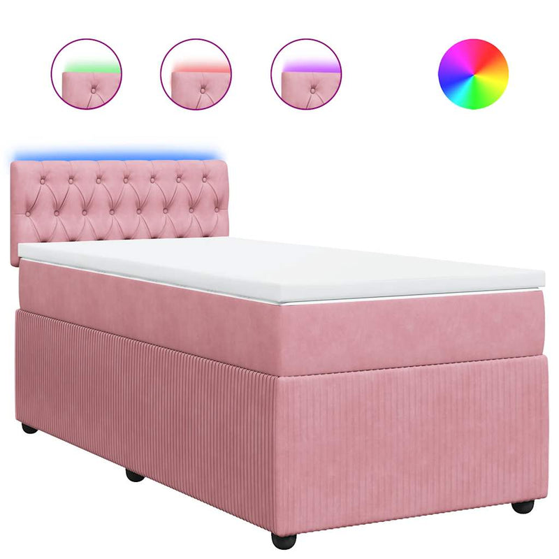 Pat box spring cu saltea, roz, 90x200 cm, catifea