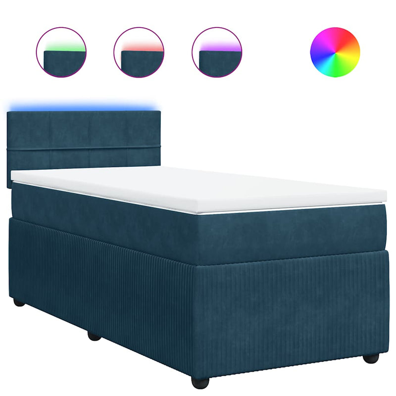 Pat box spring cu saltea, albastru, 90x200 cm, catifea