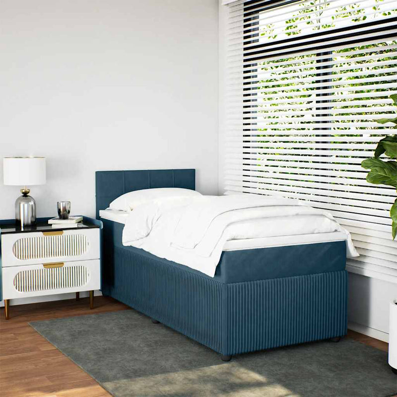 Pat box spring cu saltea, albastru, 90x200 cm, catifea